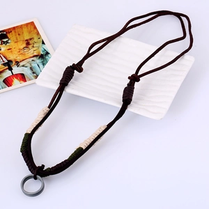 Retro punk genuine leather necklace with brown woven cord and double grey metal ring pendant