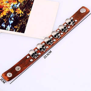 Retro punk brown leather bracelet with silver skull charms and metal studs for men