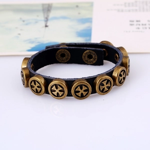 Punk vintage leather bracelet with bronze cross alloy studs on black leather strap