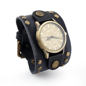 Retro punk wide leather watch with bronze studs and industrial grey suede strap