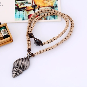 Retro handmade shell pendant on khaki braided cowhide leather rope for men and women