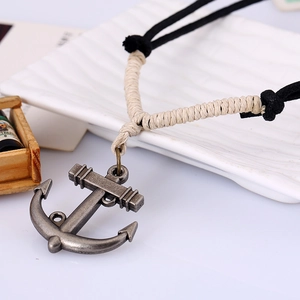 Vintage anchor pendant necklace with black and white braided rope for men