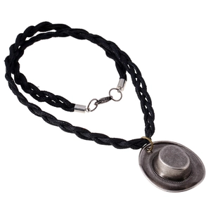Retro Antique Silver Alloy Cowboy Hat Pendant Necklace For Men Women Western Punk Style Braided Rope Chain Fashion Jewelry