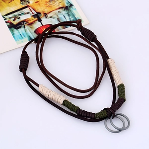 Retro multi-layer brown leather necklace with woven cords and interlocking metal rings