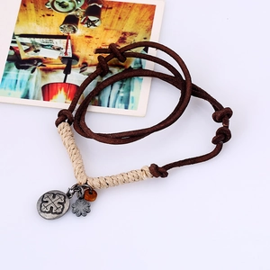 Retro multilayer dark brown leather necklace with clover and cross metal pendants