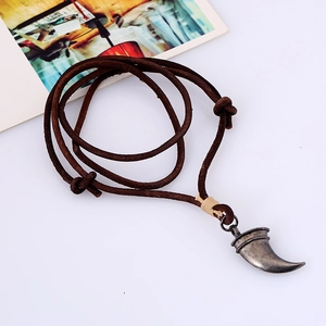 Retro punk style bull horn pendant necklace with adjustable brown leather cord for men