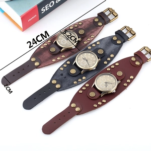 Punk style wide genuine leather watch with three sub-dials in vintage brown and grey