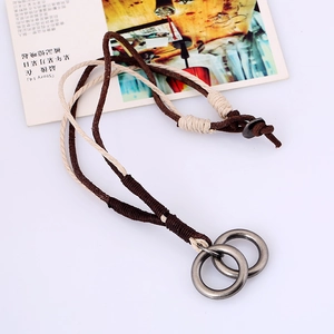 Retro punk genuine leather necklace with interlocking silver rings and braided cords