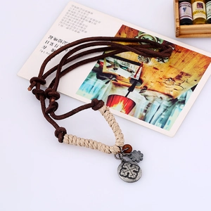 Retro punk genuine leather necklace with metal cross coin and flower pendants for men