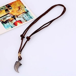 Vintage leather cord necklace with adjustable silver tooth pendant for men