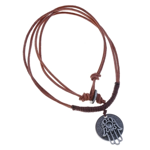 Vintage Woven Cowhide Leather Necklace Antique Silver Hamsa Hand Pendant For Men Women Ethnic Bohemian Retro Jewelry Gift