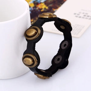 Vintage punk black leather bracelet with bronze metal studs and snap button closure