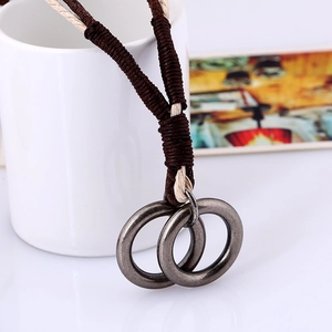 Retro punk double ring pendant necklace in antique silver with braided leather cord