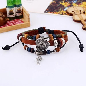 Handmade multilayer leather bracelet with wooden beads, heart charm and key pendant