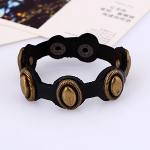 Punk vintage black leather bracelet with five antique bronze oval metal relief buckles
