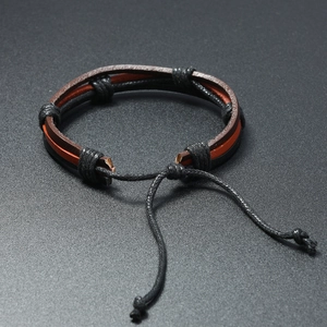 Handmade multilayer braided brown leather bracelet with adjustable cord for men