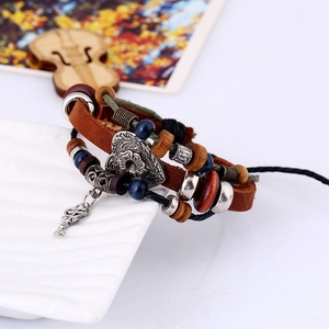 Vintage multi-layer braided leather bracelet with heart pendant and metallic charms