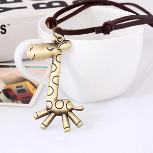 Vintage bronze giraffe pendant on long dark brown leather cord necklace with retro style