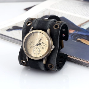 Punk vintage wide leather cuff watch with bronze dial and metallic eyelets detailing