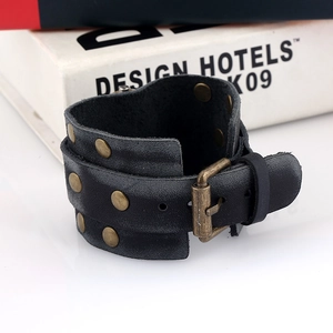 Punk vintage wide black leather bracelet with bronze rivets and adjustable buckle clasp
