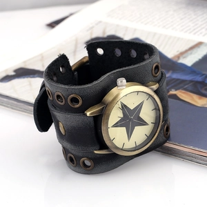 Punk vintage men's leather cuff watch with star dial and bronze metal case