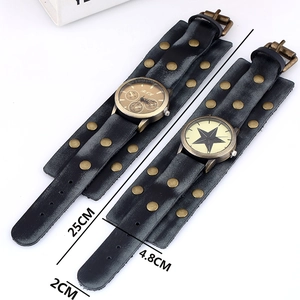 Punk vintage wide genuine leather strap watch with metal studs for men 25cm length
