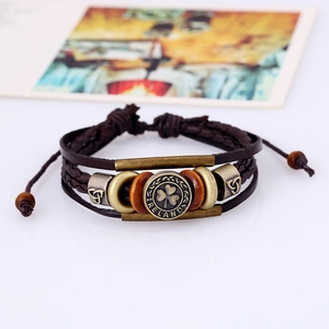 Retro multi-layer braided leather bracelet with bronze Shamrock Ireland charm and wooden beads