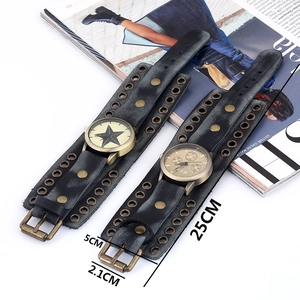 Close-up of punk leather watch bands with bronze rivets and precise size dimensions
