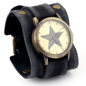 Vintage Punk Retro Men's Wide Leather Bracelet Watch Alloy Case Star Dial Rivet Wristband Fashion Jewelry Watch