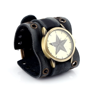 Retro punk style men's watch with black leather cuff band and star dial design