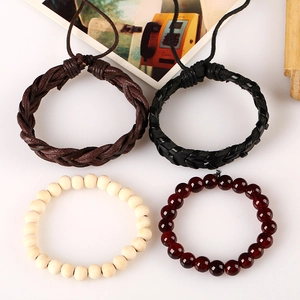 Retro 4-piece set of woven leather bracelets and wooden bead wristbands for men and women