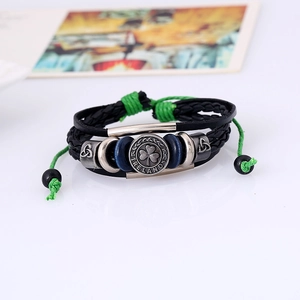 Multilayer leather bracelet with green accents and silver Ireland clover charm