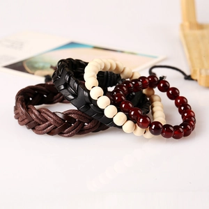 4-piece vintage leather bracelet set with braided straps and colorful wooden beads