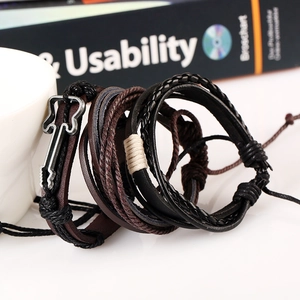 Multi-layer woven leather bracelet set with vintage alloy guitar charm in dark brown