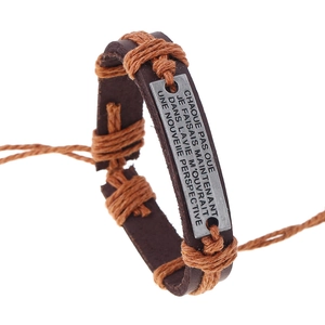 Retro Braided Cowhide Leather Bracelet Alloy Plate Etched French Lettering Adjustable Hemp Rope For Men Women Unisex