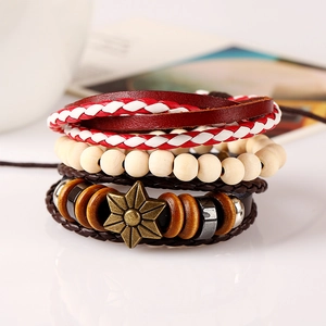 Multilayer leather bracelet set with woven ropes, wooden beads, and a bronze hexagram star
