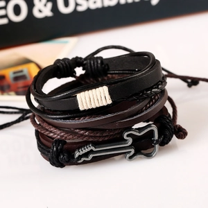 Retro multilayer braided leather bracelet set with a zinc alloy guitar pendant decoration