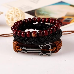 Retro multi-layer bracelet set with braided leather, red wood beads and guitar charm