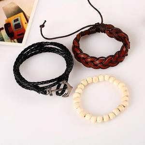 Nautical multilayer bracelet set with anchor charm, leather weave and wooden beads