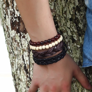 4-piece set of vintage woven leather bracelets with beads for a bohemian casual style