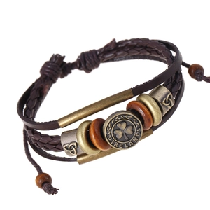 Vintage Ireland Shamrock Multi-layer Braided Leather Bracelet Celtic Knot Alloy Beaded Ethnic Jewelry For Men Women