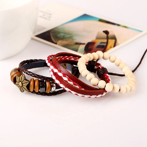 Bohemian multi-layer leather bracelet set with wooden beads and bronze star pendant