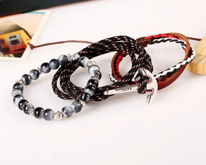 Multilayer nautical braided leather bracelet set with silver anchor hope charm