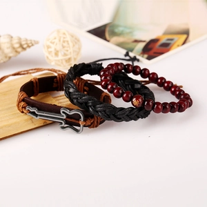 Men's retro multi-layer bracelet set with leather guitar charm and wooden beads