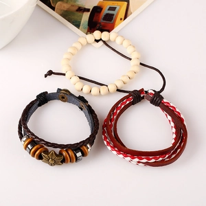 Three-piece retro braided leather bracelet set with wooden beads and star charms