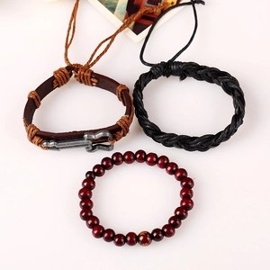 Retro multi-layer bracelet set with leather guitar charm, black cord and red wood beads