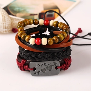 Retro multi-layer leather bracelet set with wood beads and love heart metal plate