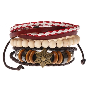 Vintage Multilayer Leather Bracelet Set For Men Women Bohemian Braided Rope Wood Beads Hexagram Charm Wristband Jewelry