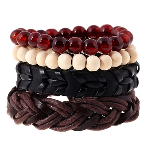Vintage Punk Cowhide Leather Braided Bracelet For Men Women Multi-Layer Woven PU Wax Cord Wood Bead Ethnic Jewelry Wristband