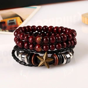 Retro multi-layer men's set with deep red wood beads and woven leather star bracelet